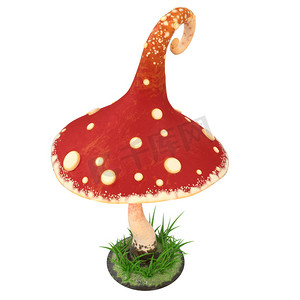 红色蘑菇动画片白色查出的背景。3d 插图