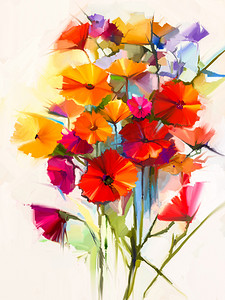 油画植物摄影照片_抽象油画春花。黄色、粉红色、红色格贝拉花束的静静生活