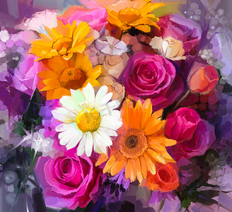 酒红色背景图摄影照片_Closeup Still life of white, yellow and red color flowers .Oil painting a bouquet of rose,daisy and gerbera flowers. Hand Painted floral Impressionist style