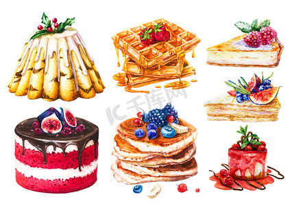 手绘结婚摄影照片_水彩蛋糕套装，甜糕点。手绘煎饼、华夫饼、蜂蜜、奶酪蛋糕和蜂蜜蛋糕、浆果果酱蛋糕、圣诞蛋糕和红天鹅绒蛋糕.
