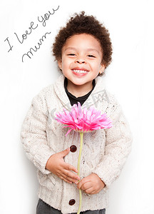 520我爱学习摄影照片_孩子灿烂的笑容和大粉色花与我爱妈妈的消息