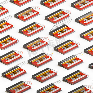 3d 渲染许多等量的红色音频磁带。重复的对象模式。白色背景的复古技术.