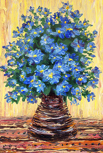 静物油画。束蓝色鲜花插在花瓶里