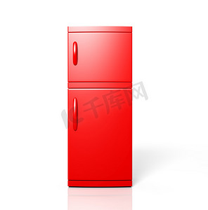 3d 渲染的大红色冰箱孤立一白