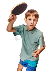 网球少年摄影照片_男孩运动员儿童少年用球拍打乒乓球坪 p
