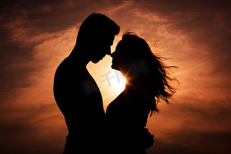 人物剪影情侣摄影照片_白之恋人爱在日落-触摸鼻子的剪影