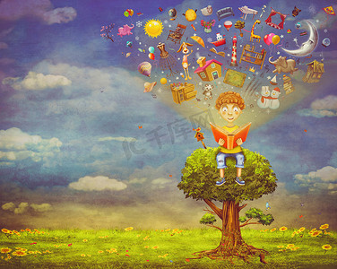 阅读月亮摄影照片_Little boy sitting on the tree and  reading a book, objects flying out