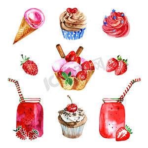 白色美食海报摄影照片_白色背景上的浆果糖果的水彩插图