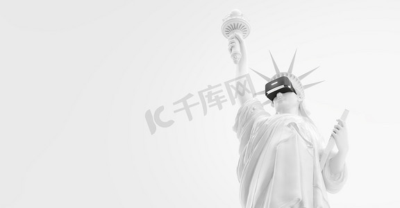 纽约自由女神像摄影照片_VR耳机,未来技术概念横幅.3D渲染的白色自由女神像，美国，女人穿着白色背景的虚拟现实眼镜。VR游戏。谢谢你看