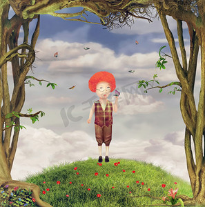 Illustration of a boy in garden