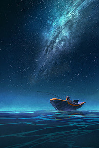 渔夫在晚上在银河之下的一条船