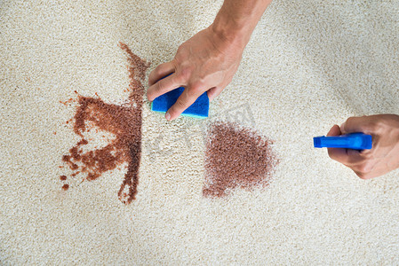 回弹海绵摄影照片_清洁用海绵地毯上的污点的男人