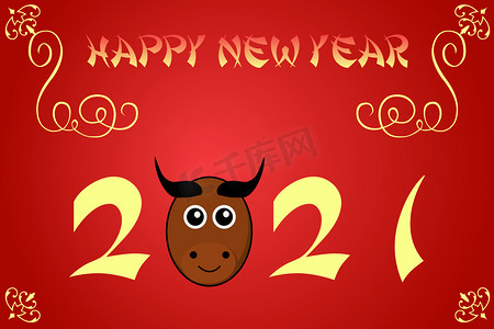 2021牛牛牛摄影照片_快乐的农历新年卡图为 2021 的