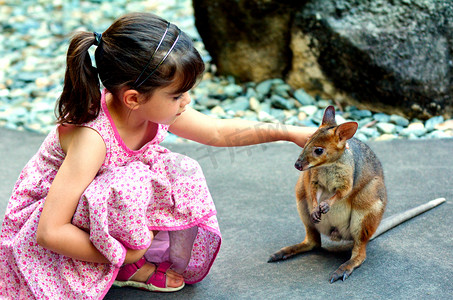 站立的小孩摄影照片_抚摸着一只小袋鼠在澳大利亚昆士兰的小孩