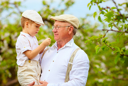 可爱的爷爷和孙子一起在春天的花园里的手上