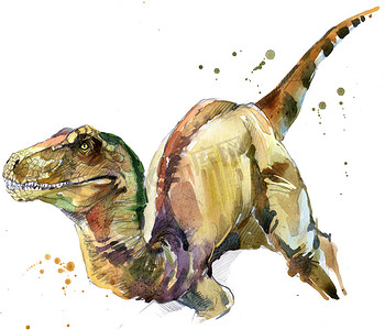 恐龙世界摄影照片_恐龙绘画水彩。古代恐龙已经灭绝的动物插图。恐龙草绘背景