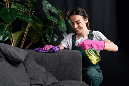 微笑的年轻妇女在橡胶手套清洁沙发用抹布和洗涤剂喷雾
