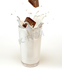 溅入牛奶杯巧克力多维数据集。在白色背景上