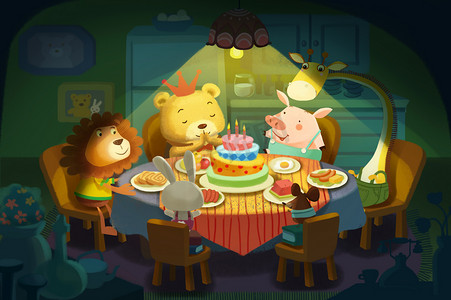 卡通儿童做游戏摄影照片_插图: 生日快乐!今天是小熊的生日, 他所有的小动物朋友都来祝他生日快乐!逼真的神奇卡通风格场景, 壁纸, 背景设计