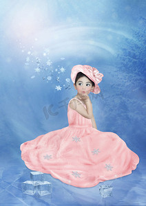 在一件粉红色的长连衣裙的小女孩。冬季娱乐