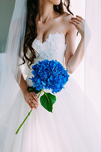 花摄影照片_华丽的新娘持有一个蓝色的绣球茎靠近窗口旁边。艺术品.选择性聚焦花