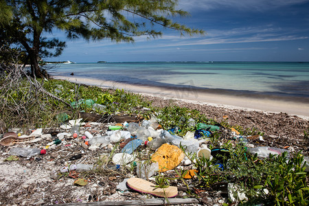 海洋塑料垃圾污染摄影照片_冲上海滩的塑料垃圾