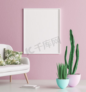 家具海报绿色摄影照片_模拟海报框架内部背景与沙发和仙人掌, 3d 渲染
