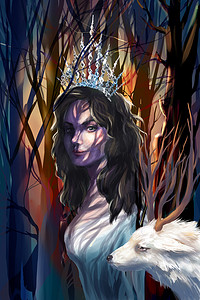 and和的标志摄影照片_插图与一只山羊和雪之女王神秘的森林