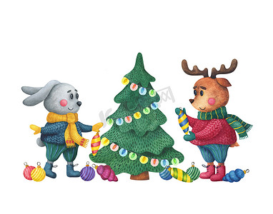 月手绘摄影照片_圣诞人物。 兔子和鹿装饰着圣诞树. 白色背景上的横向插图，带有文本的空格.