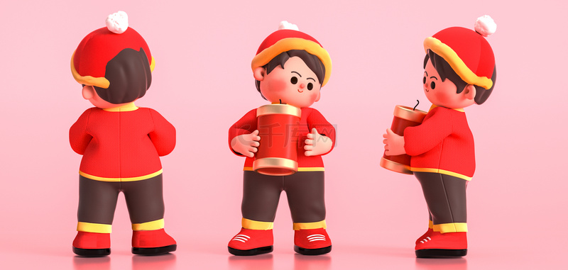 c4d人物鞭炮红色卡通人物三视图