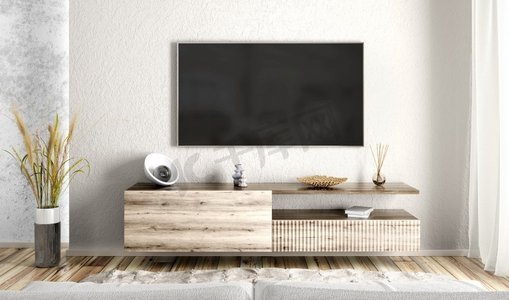 客厅内部，花岗岩墙上有木制餐具柜。舒适的现代客房，配有电视屏幕。家居设计。3D渲染