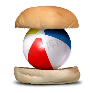 作为夏季烧烤或夏季美食的乐趣和食物，以及作为带有3D插图元素的沙滩球的汉堡包烧烤派对。