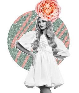 抽象艺术拼贴画，年轻女子穿着白色连衣裙，背景是鲜花。现代风格的概念时尚艺术设计