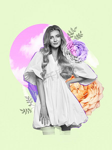 抽象艺术拼贴画年轻妇女白色礼服在花的背景。现代风格的概念时装艺术设计