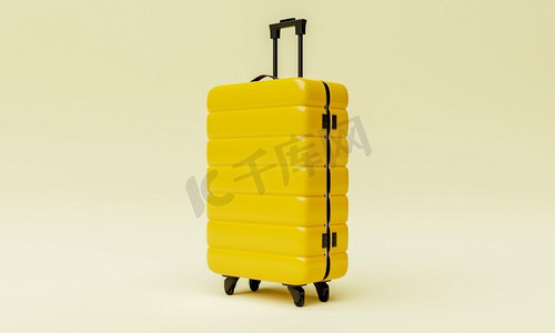 背景孤立的黄色手推车行李箱。旅游客体和旅游欲概念。3D插图渲染