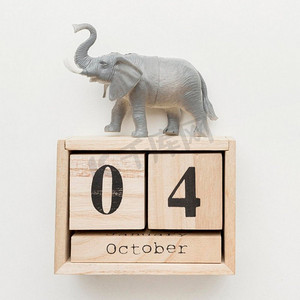 顶视图木日历与大象雕像顶部动物日