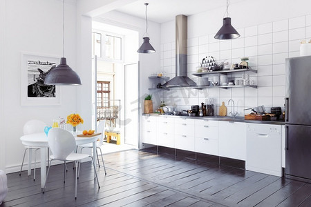 现代斯堪的纳维亚风格的厨房内部。3D渲染设计