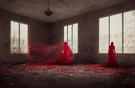 鬼女人在红色在被遗弃的建筑物万圣节背景
