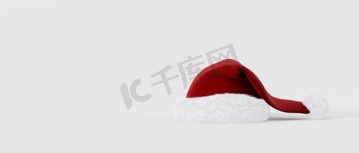 正式红色背景摄影照片_圣诞老人帽子在白色背景白色副本空间。圣诞节和新年概念。3D插图渲染