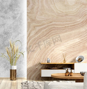 客厅内部与白色餐具柜在木镶板模拟墙壁。家庭背景设计3d渲染