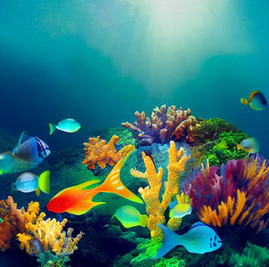 五颜六色的水下世界背景珊瑚礁和鱼数字艺术