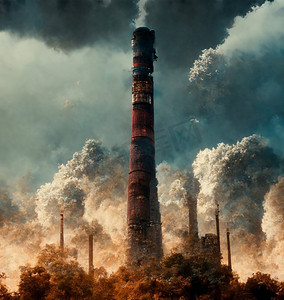工业烟囱摄影照片_世界末日污染现场工厂烟囱冒着数字艺术