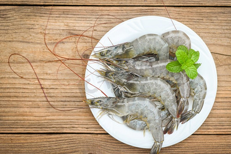 生虾放在白色盘子里，薄荷叶和虾木质背景用于烹饪，关闭新鲜的虾或对虾，海鲜搁鱼-俯视