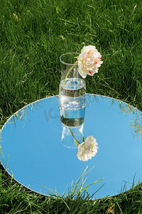 自然概念—牡丹花在玻璃花瓶和天空反射在圆镜子在夏天的田野。牡丹花在玻璃和天空反射在镜子