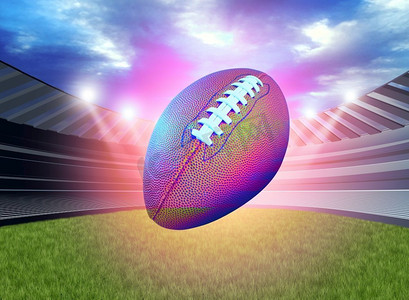 3d体育场摄影照片_闪闪发光的美式橄榄球在体育场或运动场上作为团体锦标赛在竞技场上进行游戏比赛作为3D插图。