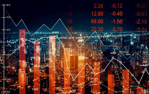 下降的图表和数字指标显示的经济危机概念与现代城市背景重叠.