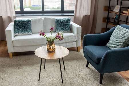 舒适，家具和室内概念—沙发与垫子在舒适的家庭客厅。在舒适的家庭客厅有软垫的沙发