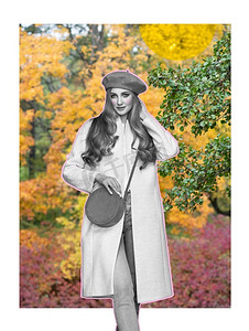 抽象艺术摄影照片_抽象艺术拼贴画年轻妇女在白色外套。秋季概念时尚艺术设计在一个现代风格