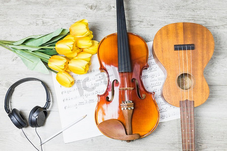吉他、小提琴、郁金香、耳机、铅笔、音乐注释表
