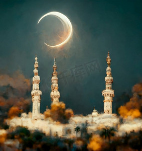 背景伊斯兰节日开斋节穆巴拉克清真寺和月亮数字艺术
